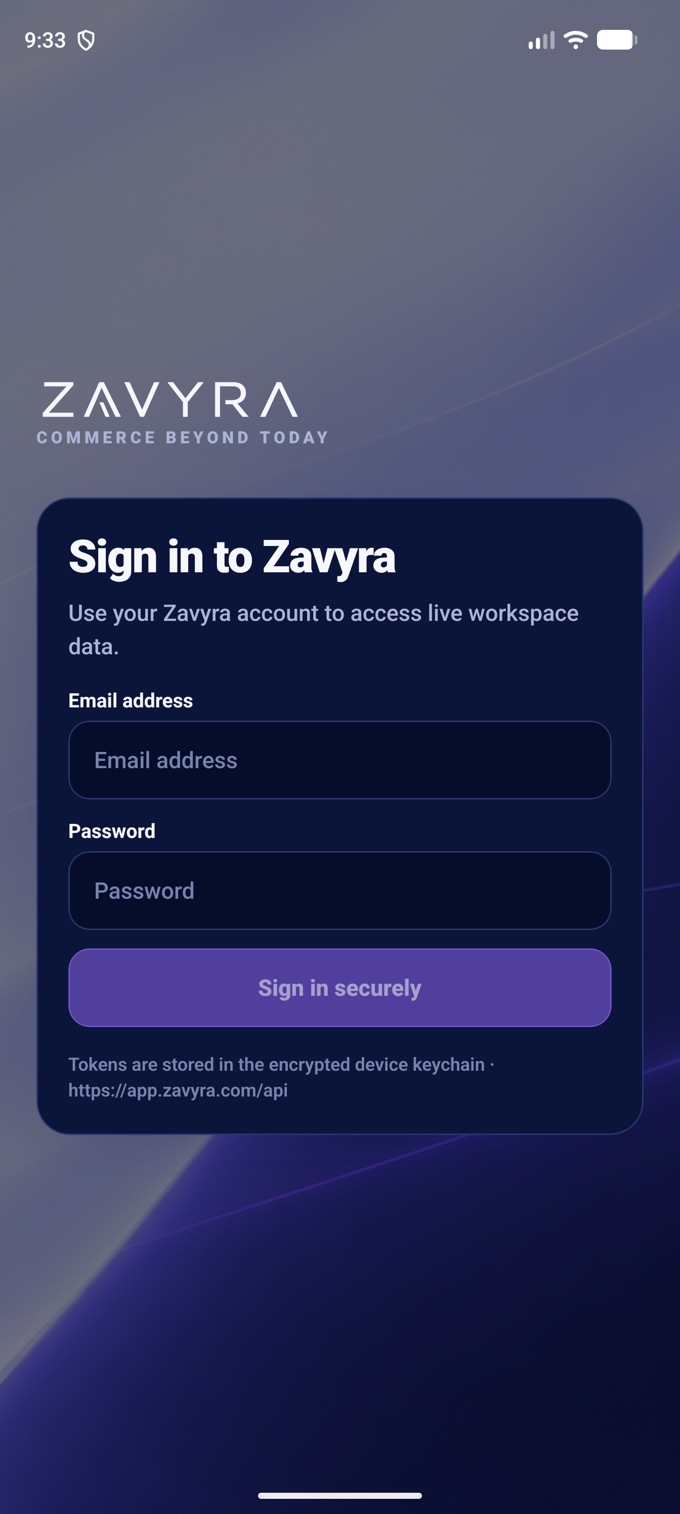 Sign-in screen from the Zavyra mobile development build