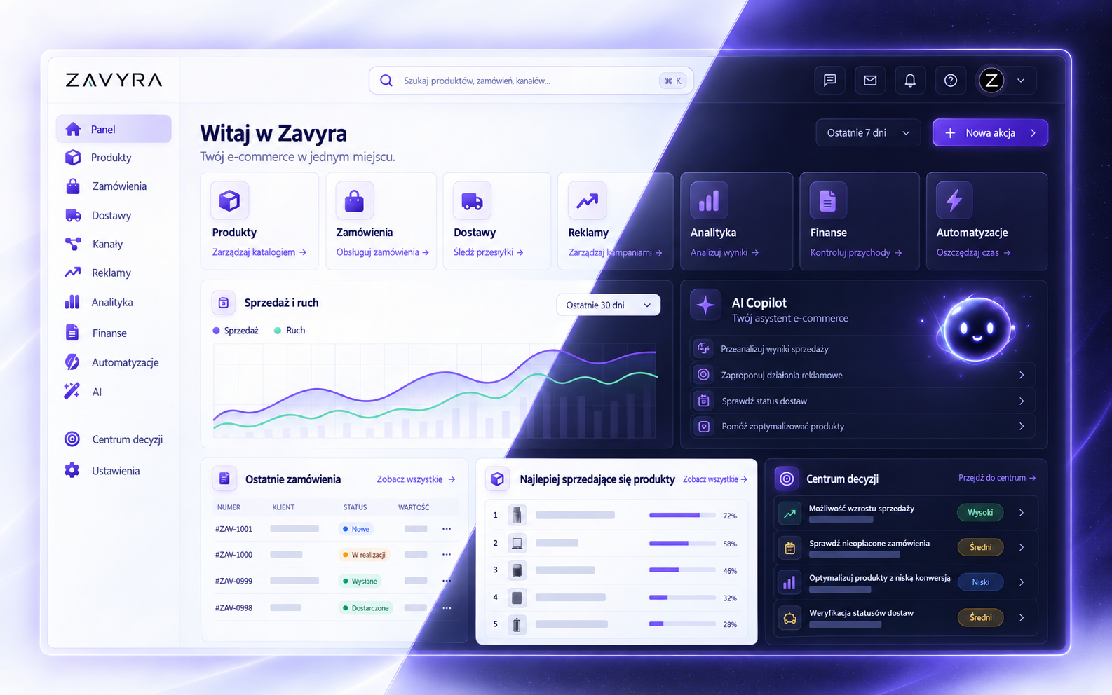 Zavyra Dashboard in light and dark themes